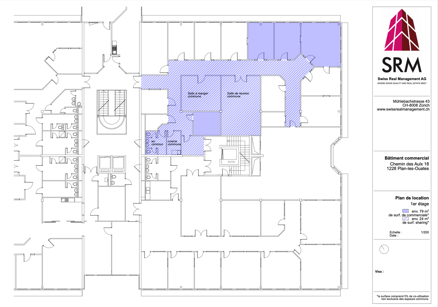 Floor plan of a commercial building with dining room, meeting room, kitchen, and common WC.