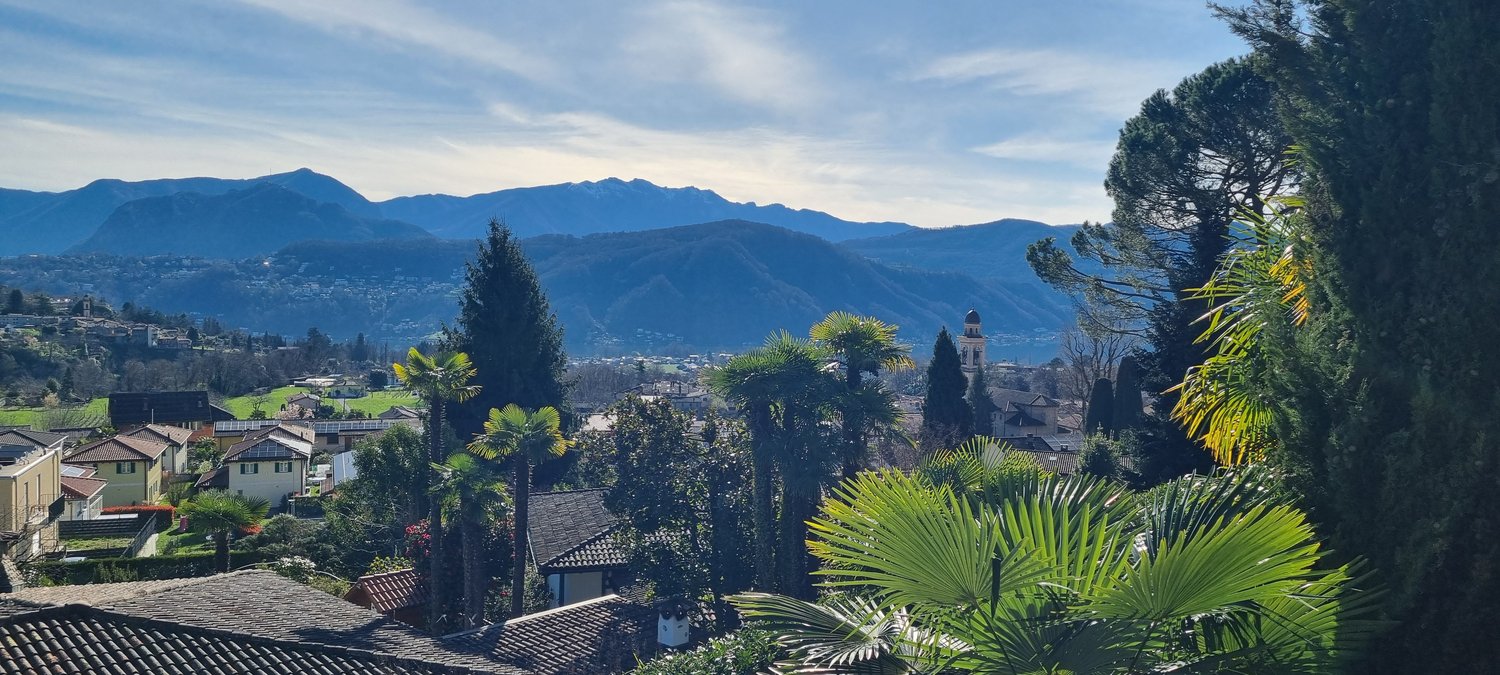 The image shows a scenic view of a mountainous landscape with a town nestled in the valley below. The foreground features lush greenery, including palm trees and other tropical vegetation, creating a picturesque and serene atmosphere. The background is do