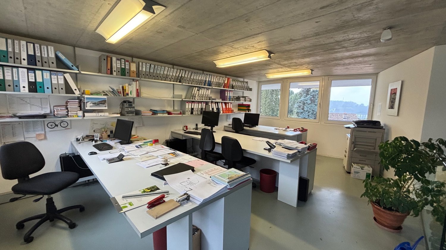 desks, black office chairs, bookshelves, computer, papers, potted plant, picture frame, storage boxes, bicycles