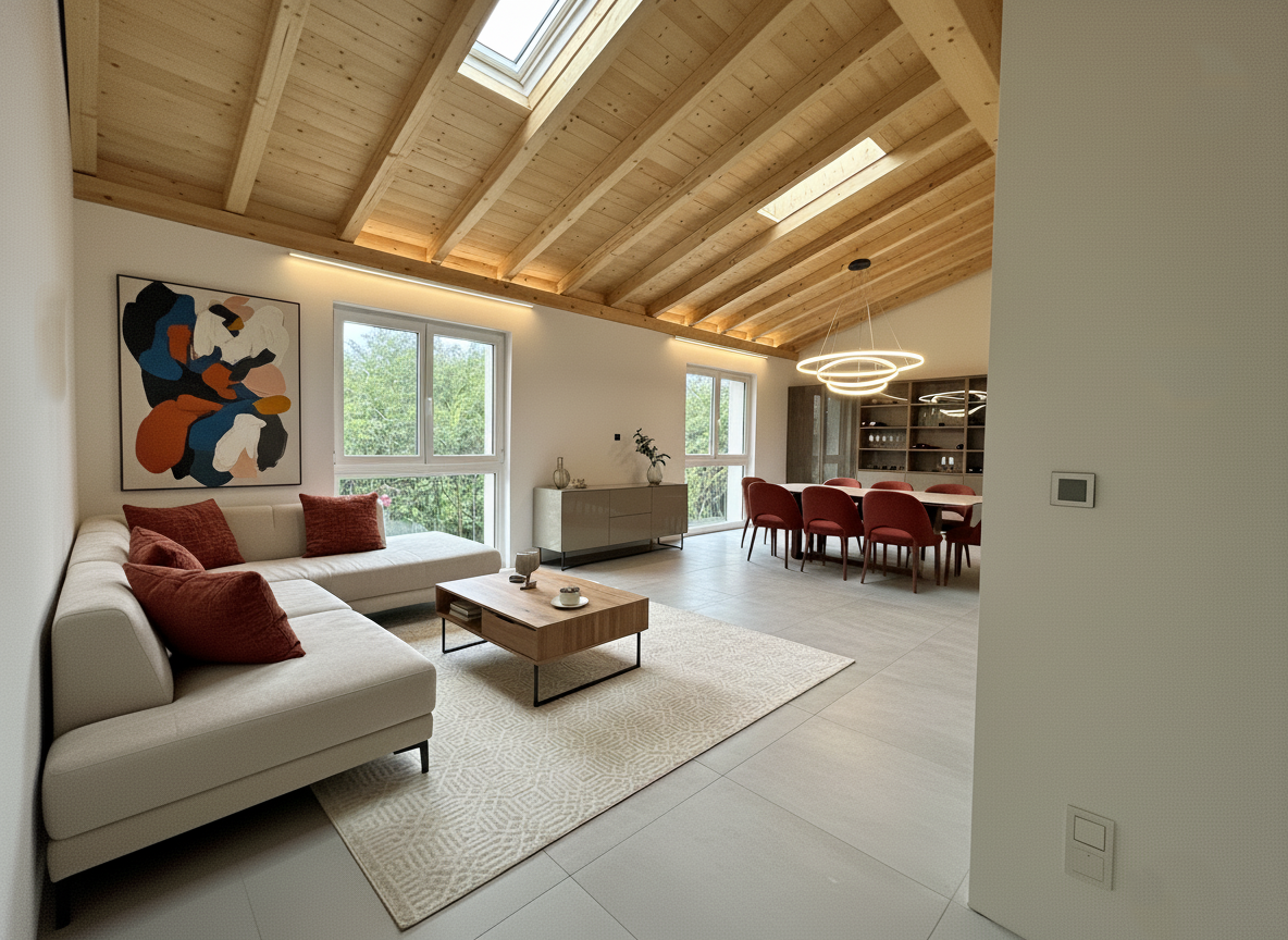 Wooden ceiling, wooden couch with red pillows, glass coffee table, wooden floor, windows, dining area with chairs and table