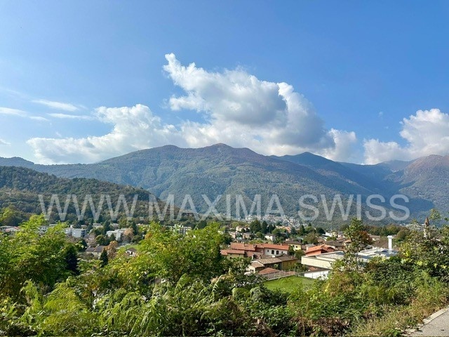 A panoramic view of a town with buildings, mountains, and a river.