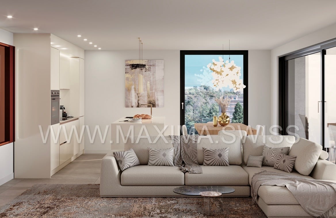 modern living room with large windows, beige sofa, coffee table, carpet, kitchen area, artwork