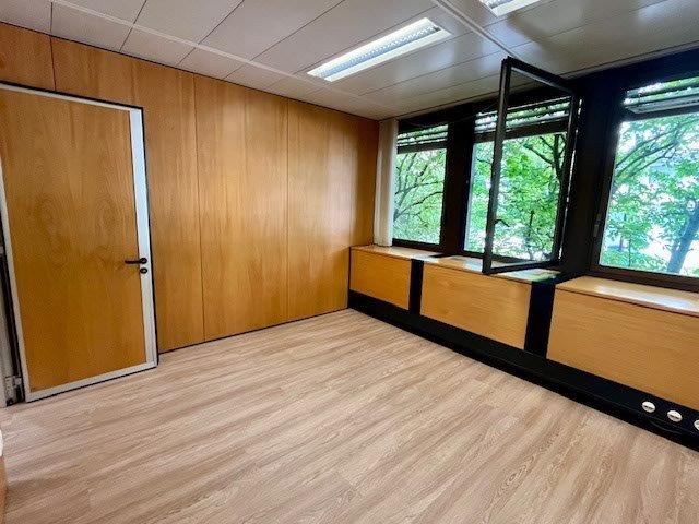 The image shows a spacious office room with wooden paneled walls, a wooden floor, and large windows overlooking a green outdoor area. The room has a clean and modern design, with built-in storage units along the walls.