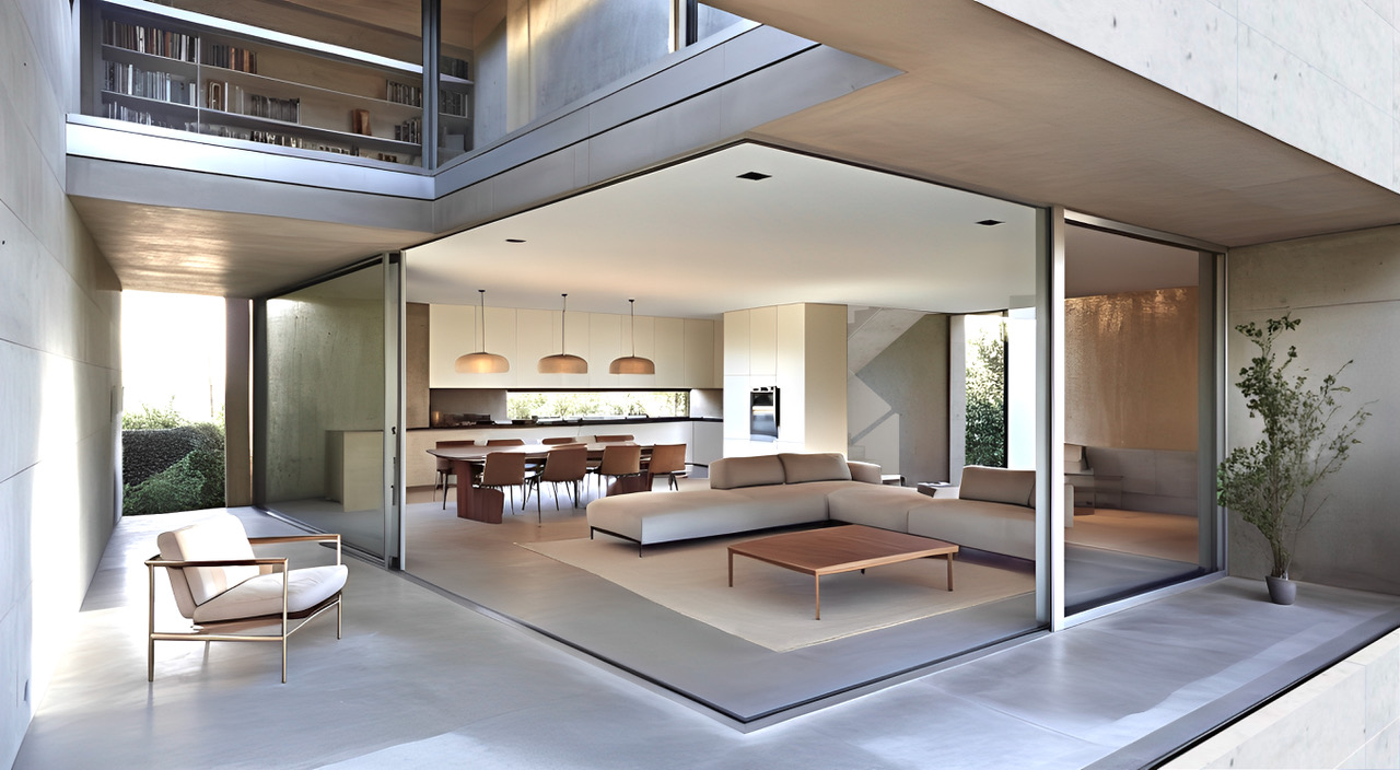 Modern, minimalist style, concrete floor, glass walls, open to dining area, sofa, wooden coffee table, chairs, bookshelf