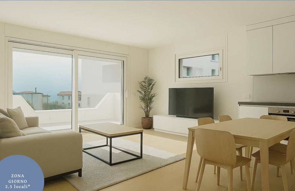 modern living room with sliding glass doors leading to a balcony, flat-screen TV, a potted plant, a wooden coffee table, a couch with cushions, dining table and chairs, and a white carpet