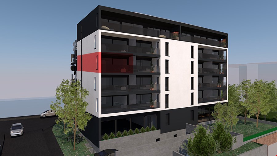 5-story modern apartment building with a mix of black, white, and red exterior colors, balconies on each floor, and landscaping around the building.