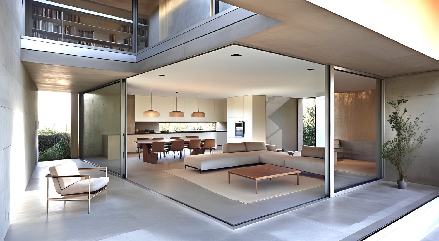 large open space, white couches, modern furniture, floor-to-ceiling glass, modern dining set, kitchen island, white ceiling