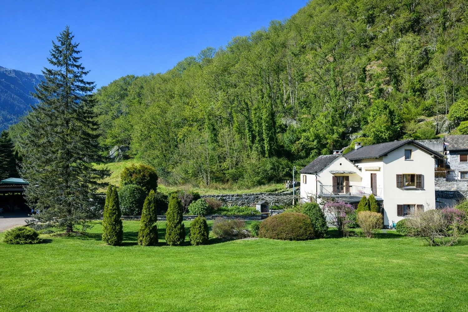 large house with garden, well-maintained green lawn, surrounded by trees, mountains in the background