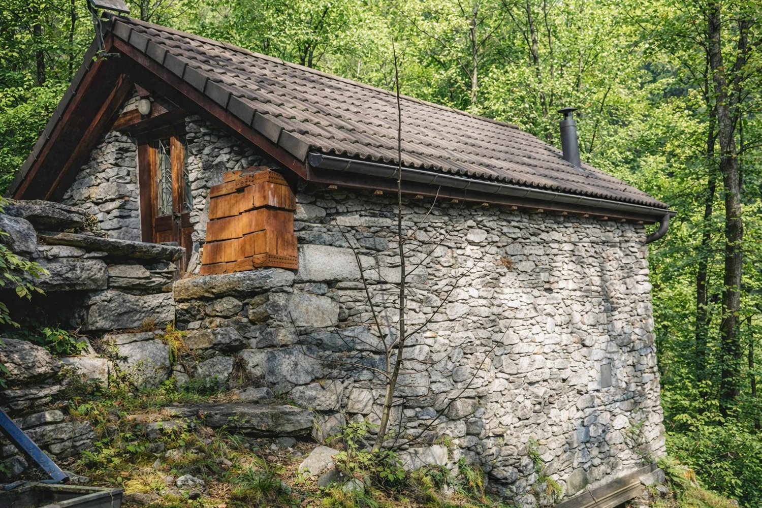 Stone house, brown roof, wooden door, surrounded by trees