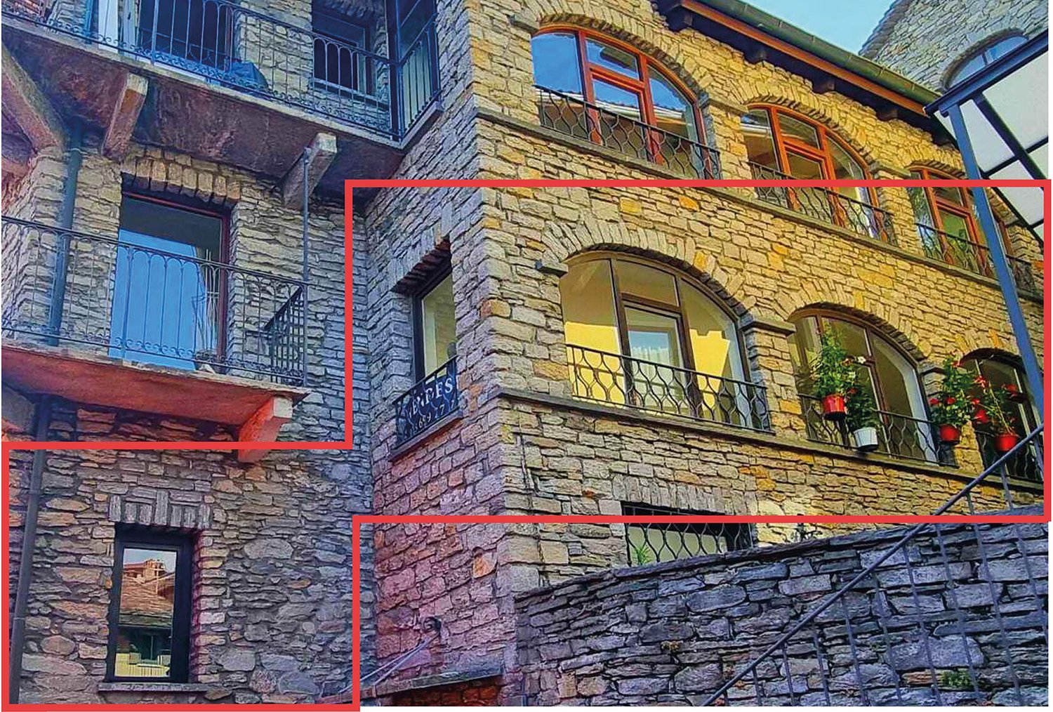 stone building, multiple floors, balconies, arched windows, staircase, wall, metal railings