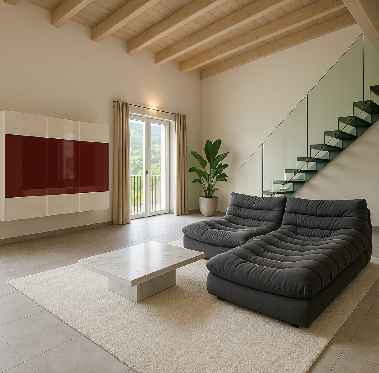 wooden ceiling, white tiles, gray sofa, white rug, marble coffee table, white cupboard with red doors, stairs with glass steps, balcony with metal railing