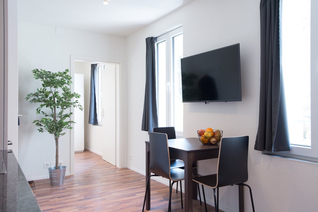 Open concept living room and dining area, hardwood floors, large windows, TV mounted on the wall, dining table with chairs, potted plant, and a kitchen area with a dishwasher visible.