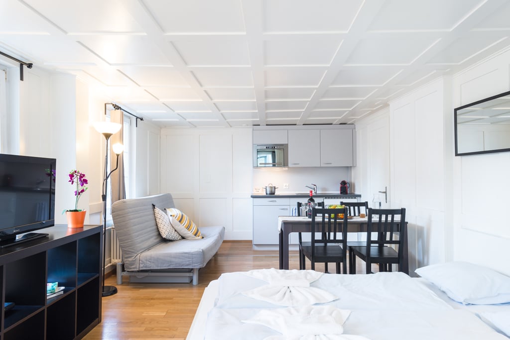 The image shows a studio apartment with an open floor plan. The space includes a living area with a gray futon sofa, a dining area with a black table and chairs, and a kitchen area with white cabinets and a dishwasher. The apartment has hardwood floors an