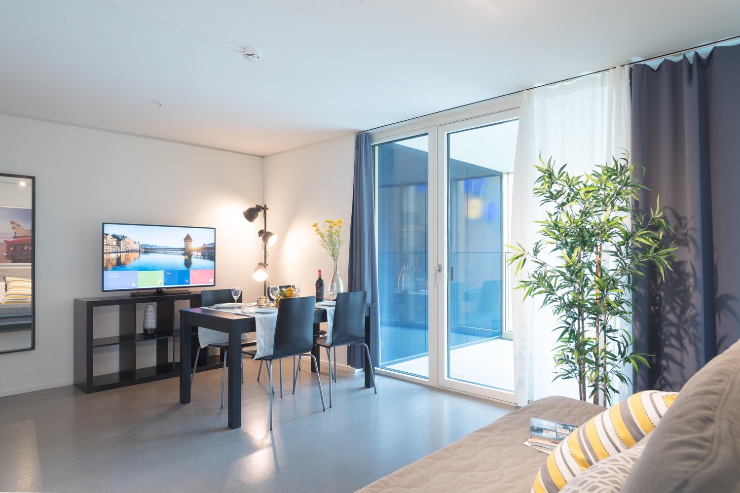 Spacious living room with large windows, balcony, dining table, TV stand, and potted plants