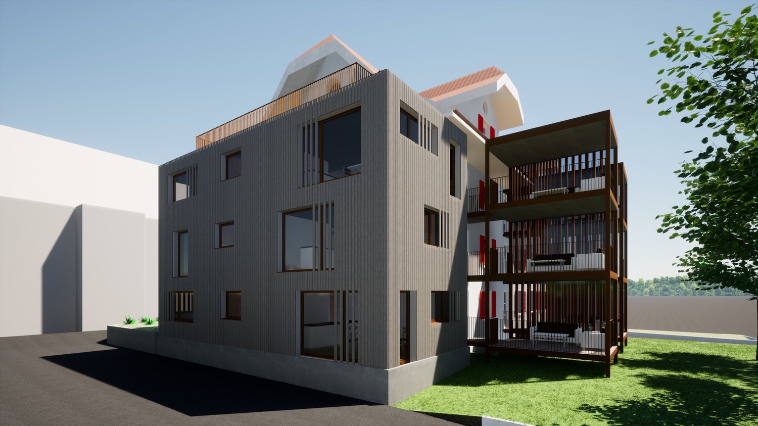 Modern multi-story building with multiple balconies and terraces, large windows, and a green lawn in front.