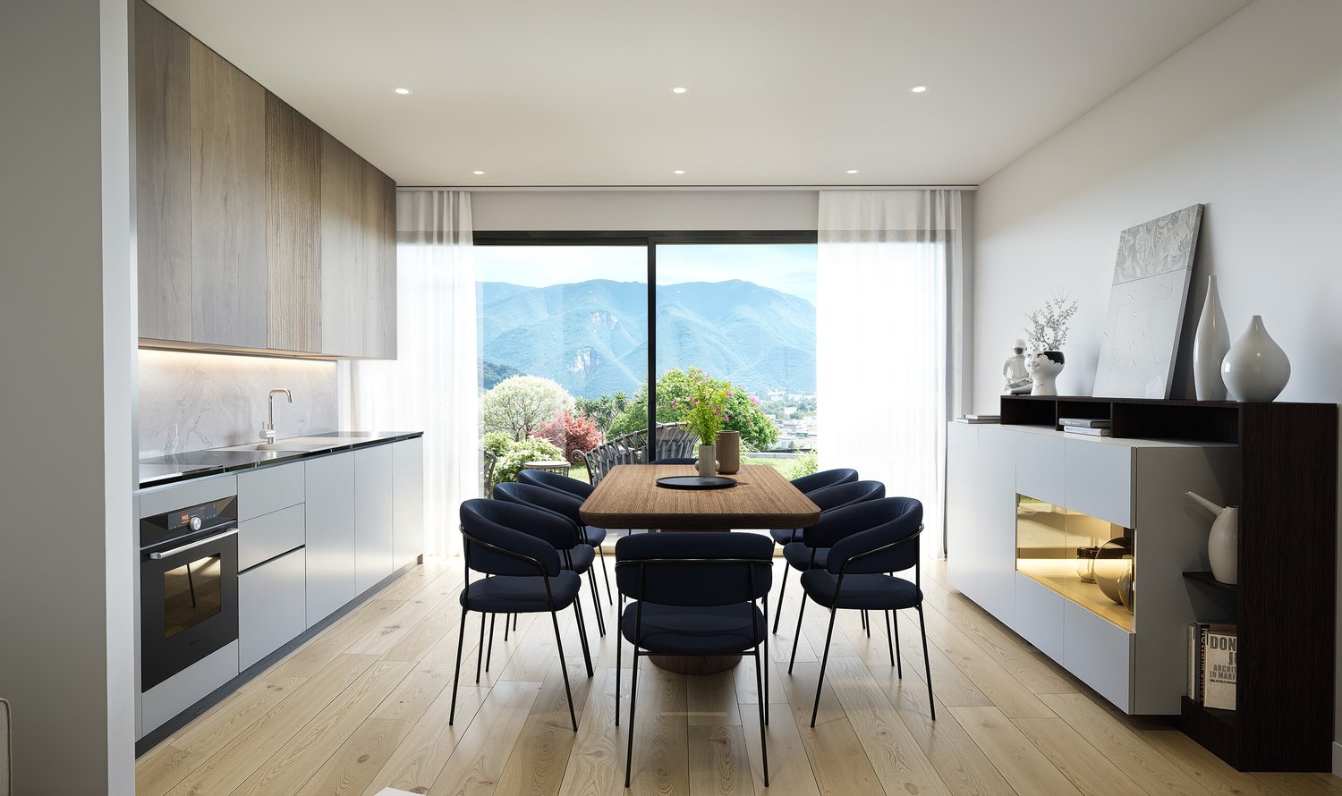 Modern kitchen with wooden table and chairs, glass door leading to balcony, wooden floors, white cabinets, sink, oven