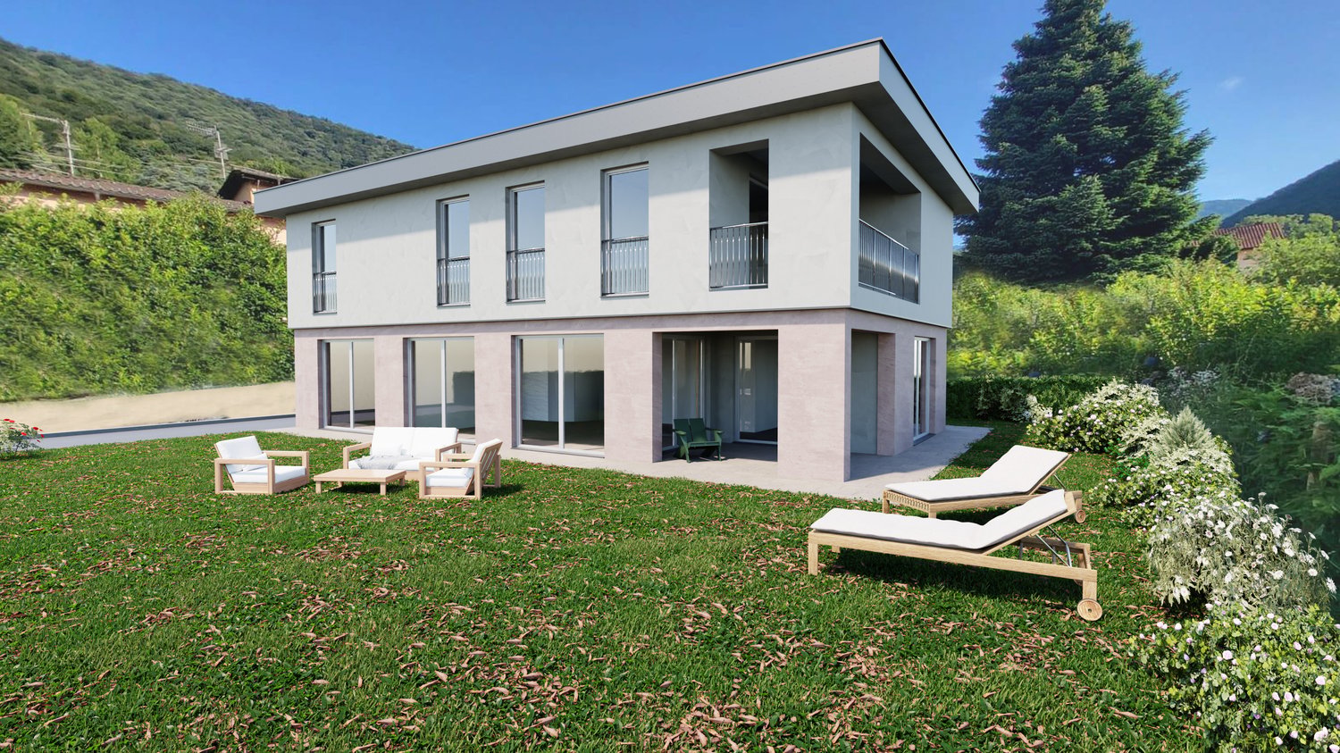 two-story house, glass windows, balcony on second floor, lawn, outdoor chairs, green lawn, large garden, trees