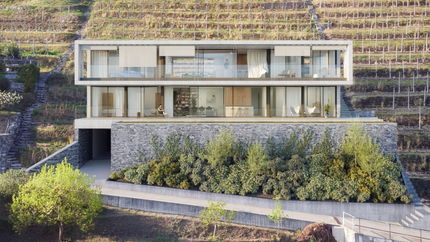 Modern house with two floors, built into a slope, glass walls, raised ground floor, panoramic vineyard views.
