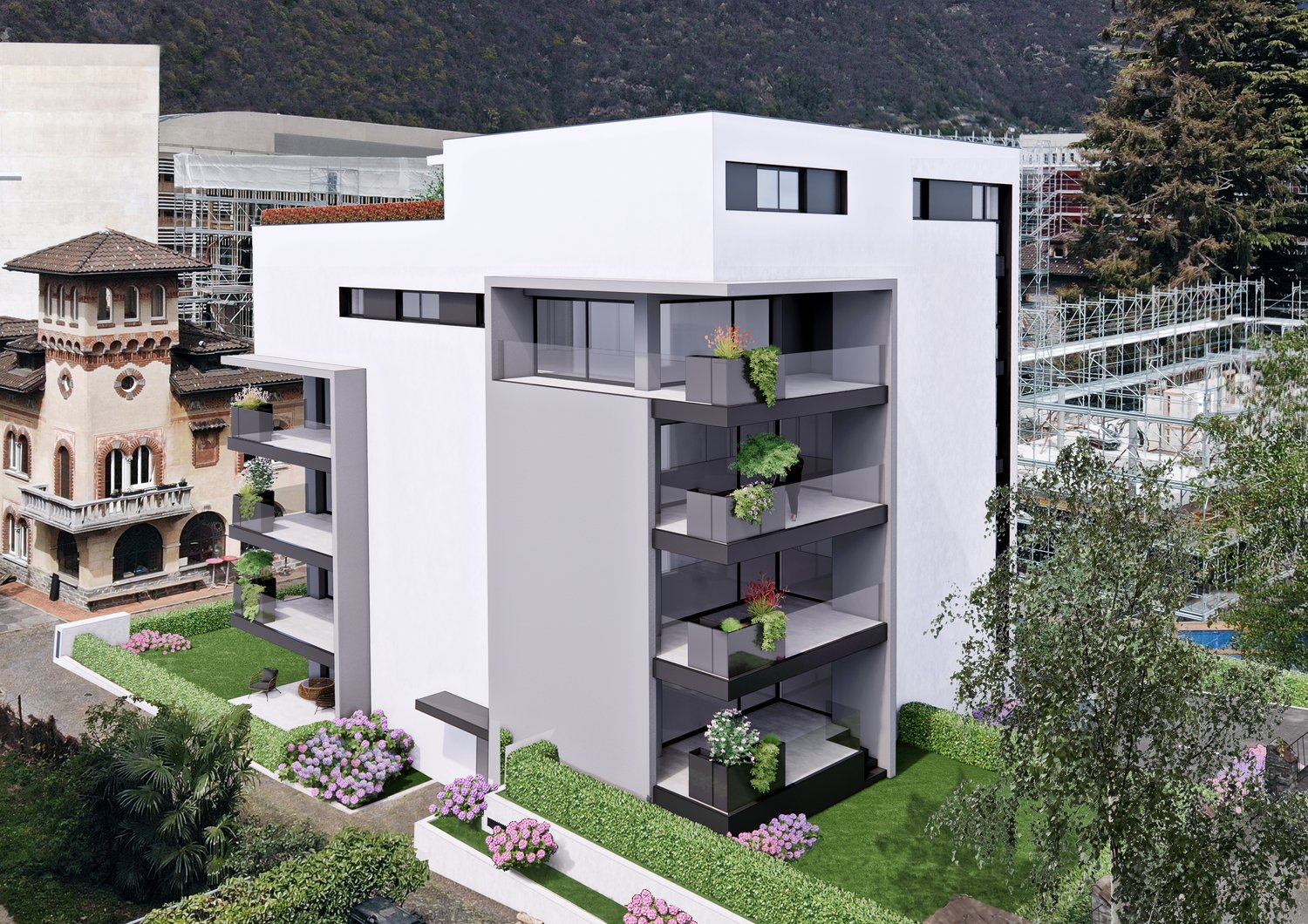 modern 5 story building with large balconies, modern design, surrounded by grass and flowers, rooftop terrace