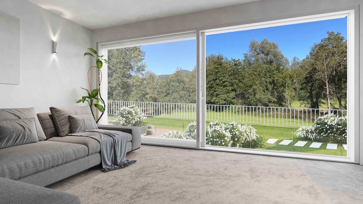 modern living room, glass sliding door, balcony, gray sofa, carpet floor, glass table