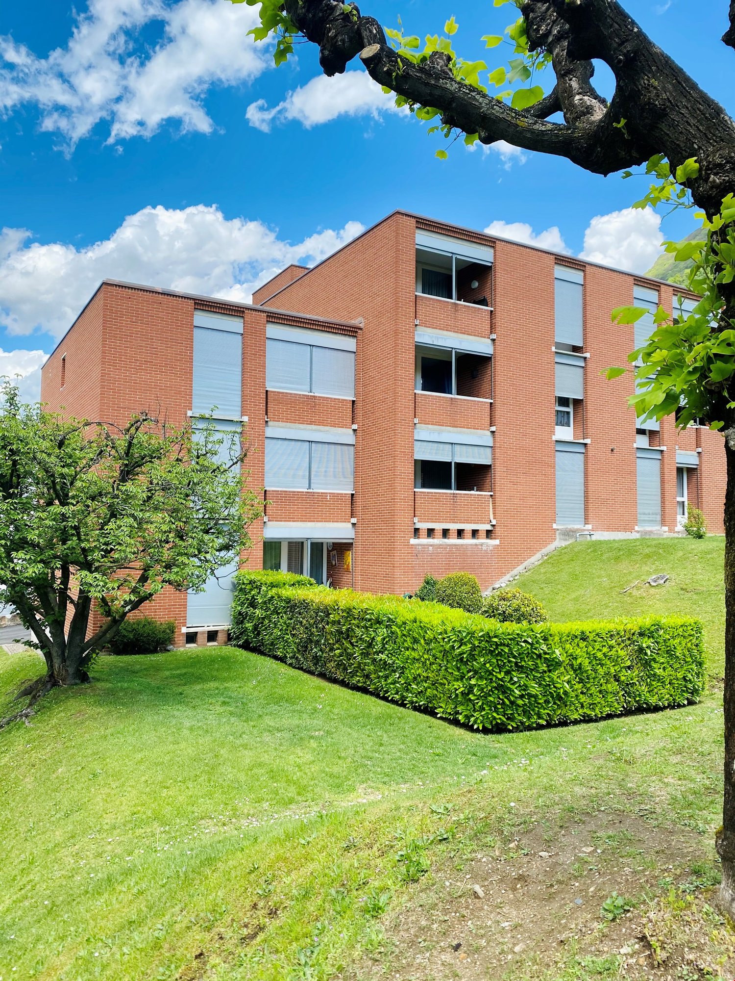3 story brick building, multiple windows, hedges, trees, grass