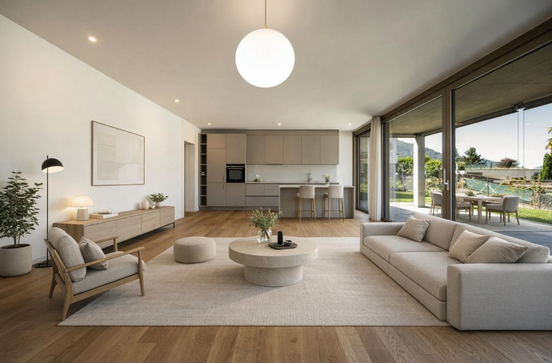Open plan living room with kitchen, large windows, balcony, hardwood floor, modern furniture, plants