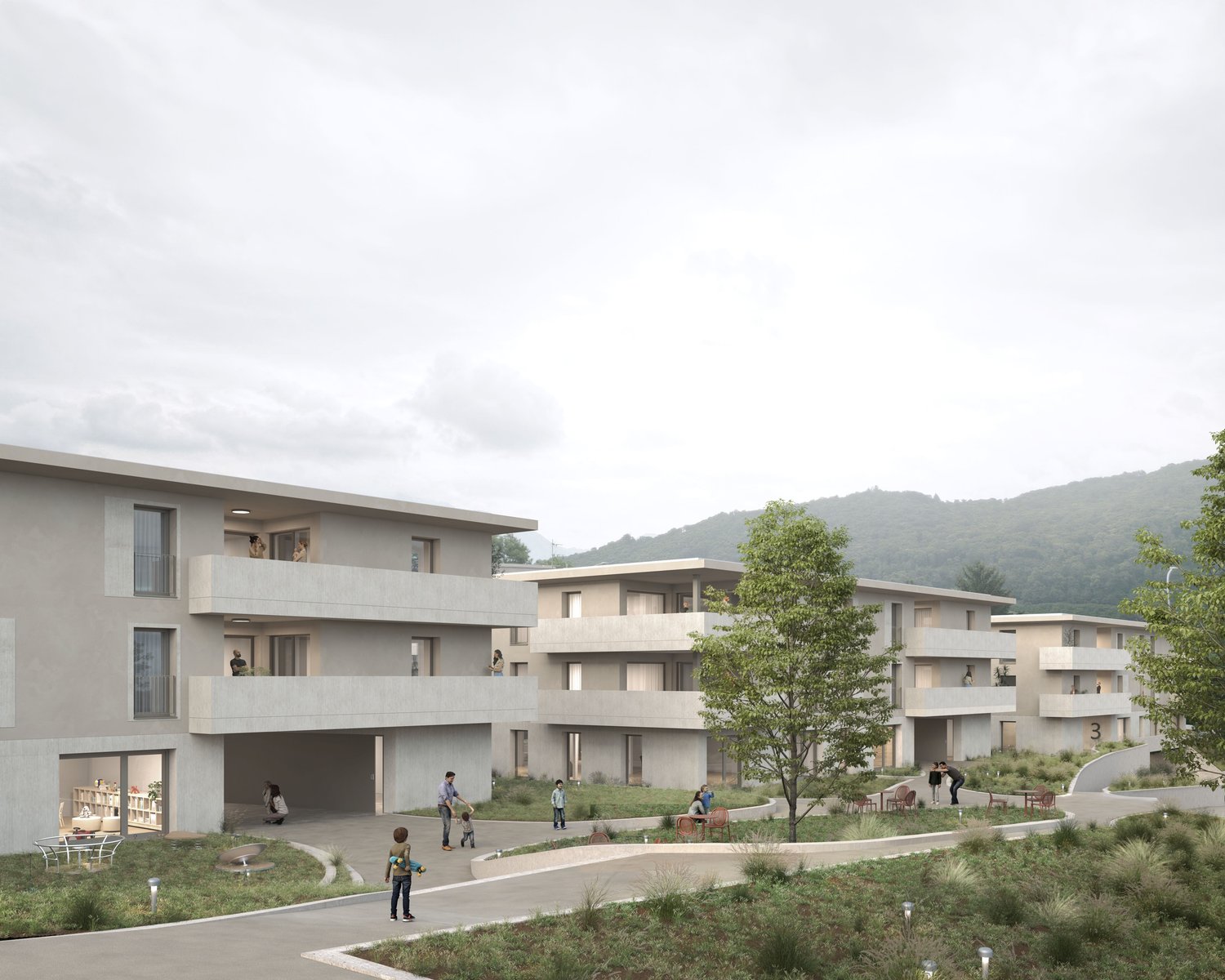 Modern apartment building, multiple floors, balconies, open green spaces, walking paths, trees, distant mountain