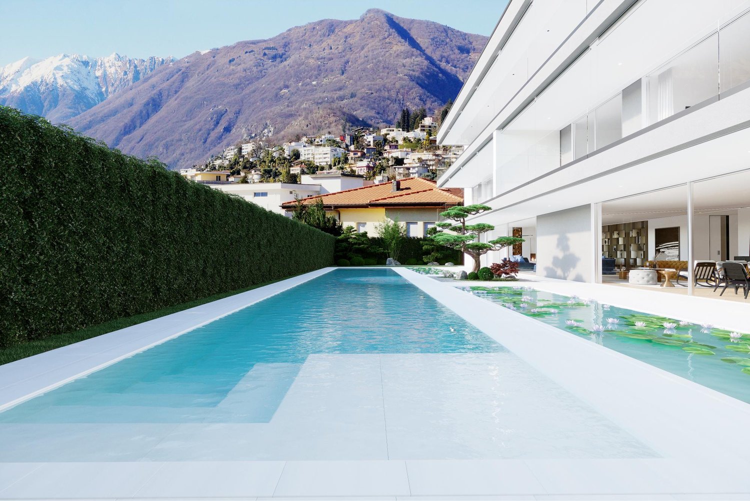 Modern house with a large swimming pool, surrounded by a lush garden and overlooking a mountainous landscape. The house has a sleek, white exterior with large windows and a terrace.