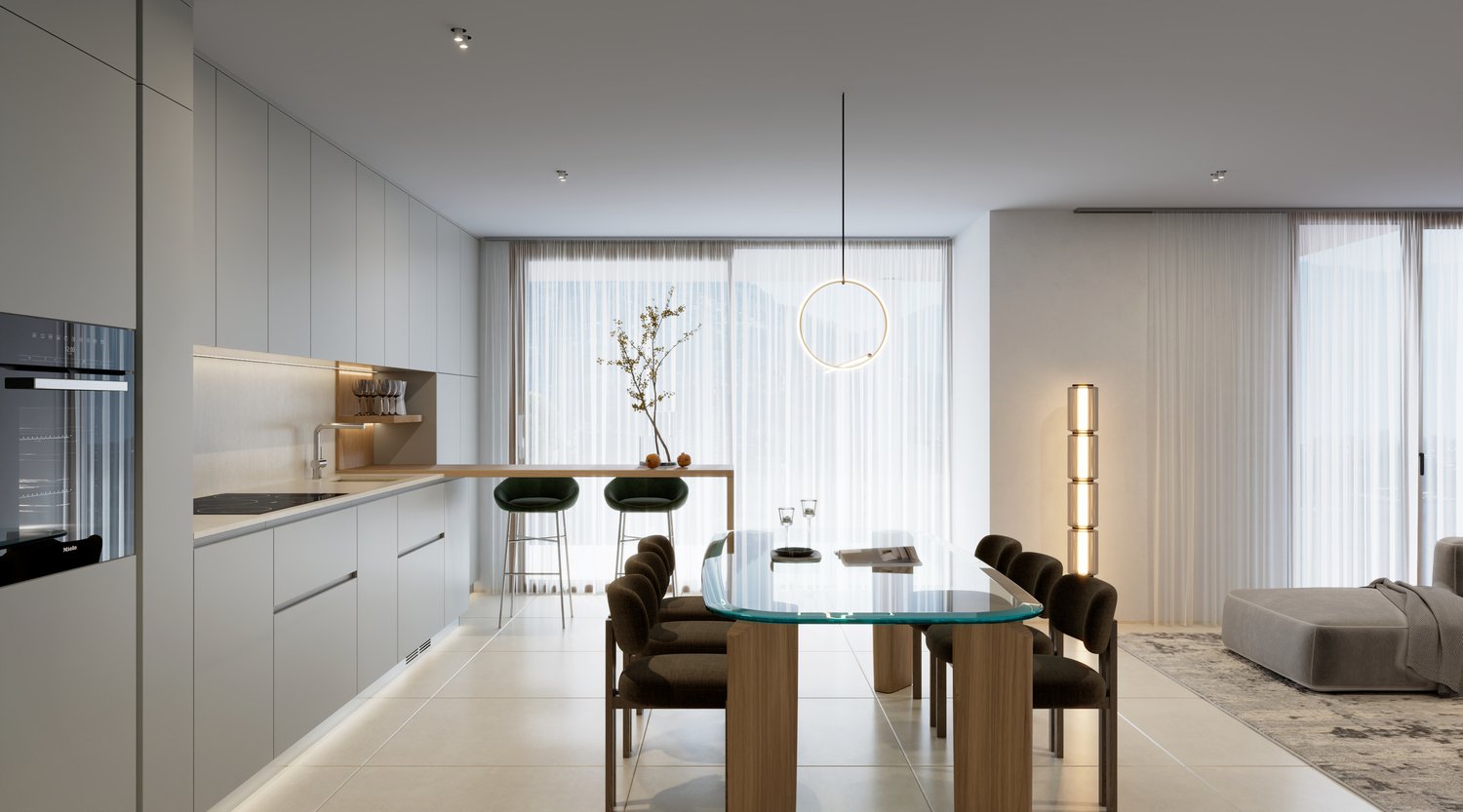 modern kitchen, dining area, bar stools, glass table, white flooring, ceiling lamps, floor lamp, sink, white cupboards