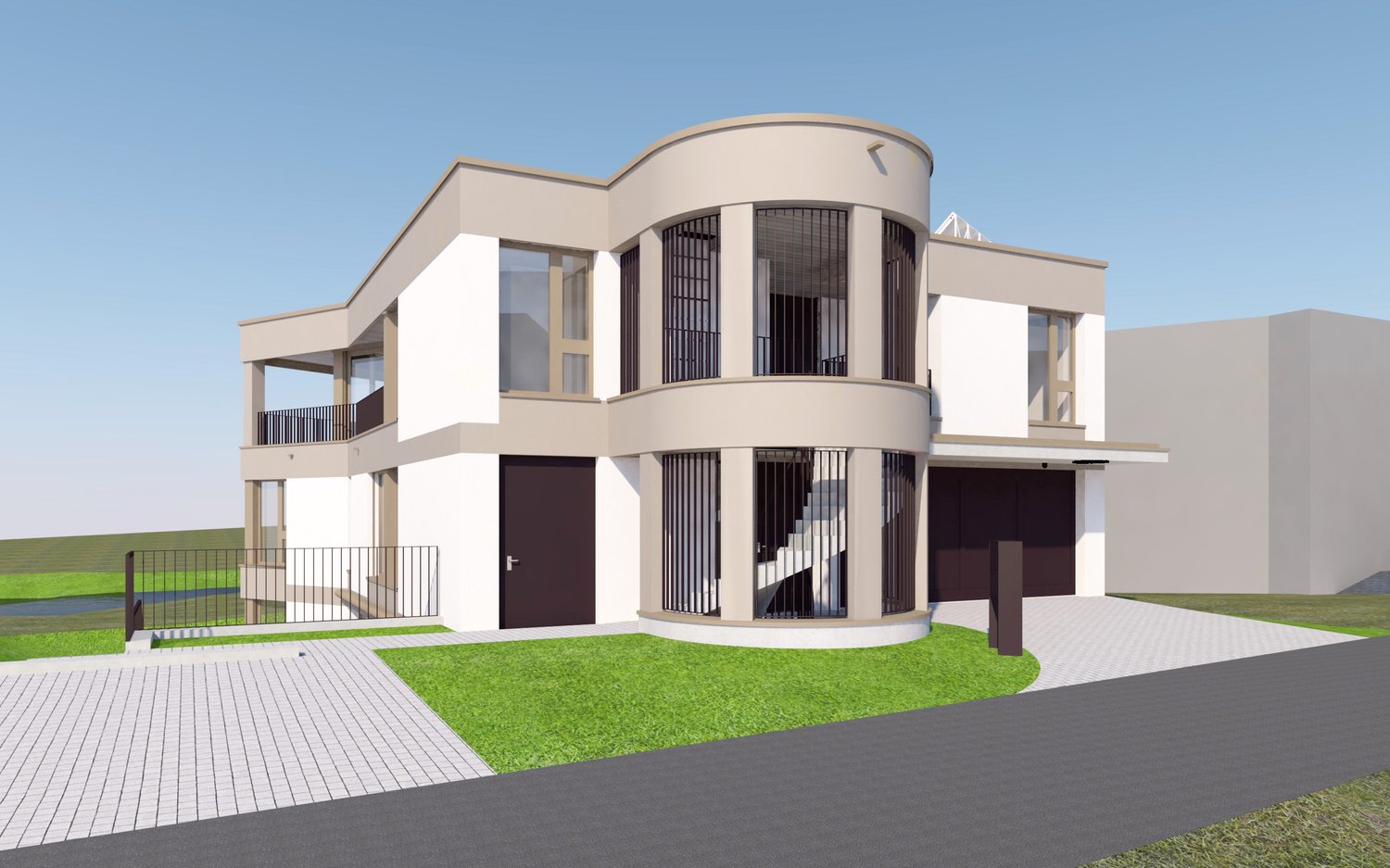 2-story house, curved facade, spiral staircase, balconies, garage, driveway