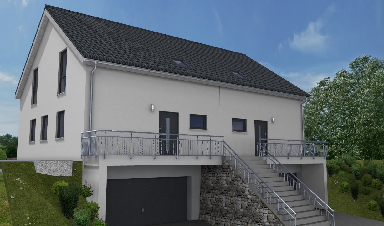 2-story house with a gray exterior, black roof tiles, large windows, balcony, and a garage on the ground floor.