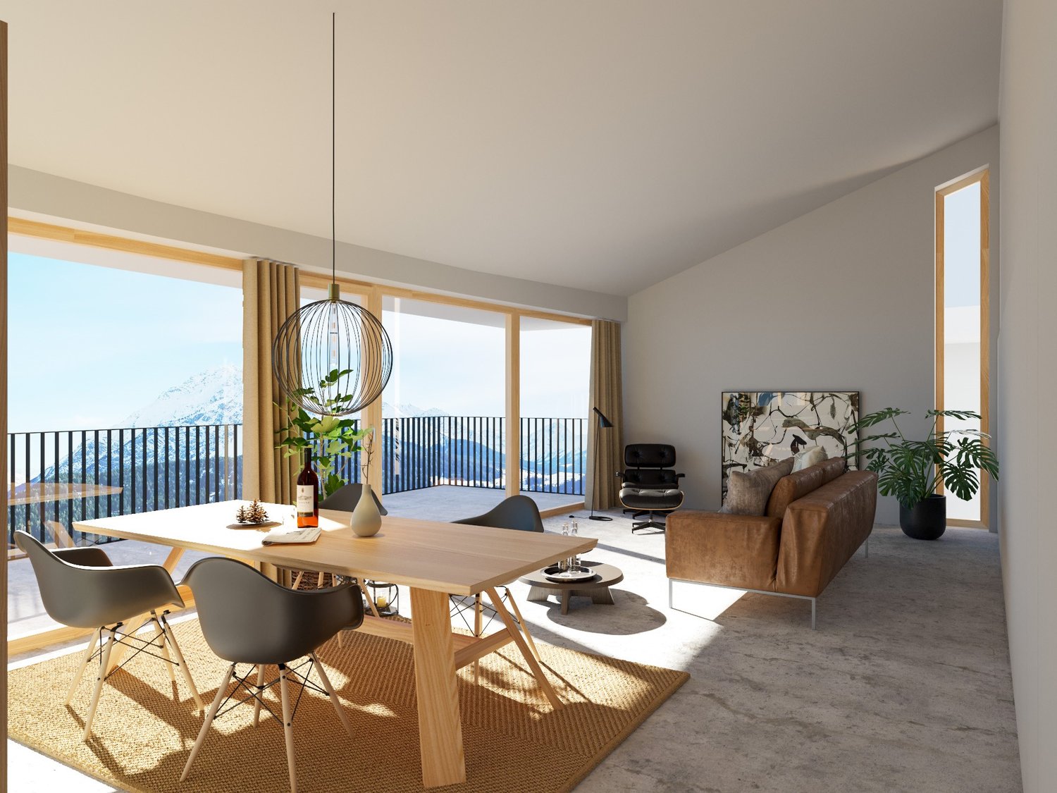 Spacious open-plan living and dining area with large windows offering a scenic view. The room features a wooden dining table with modern chairs, a comfortable leather sofa, and a decorative pendant light. The space also includes a balcony or terrace acces