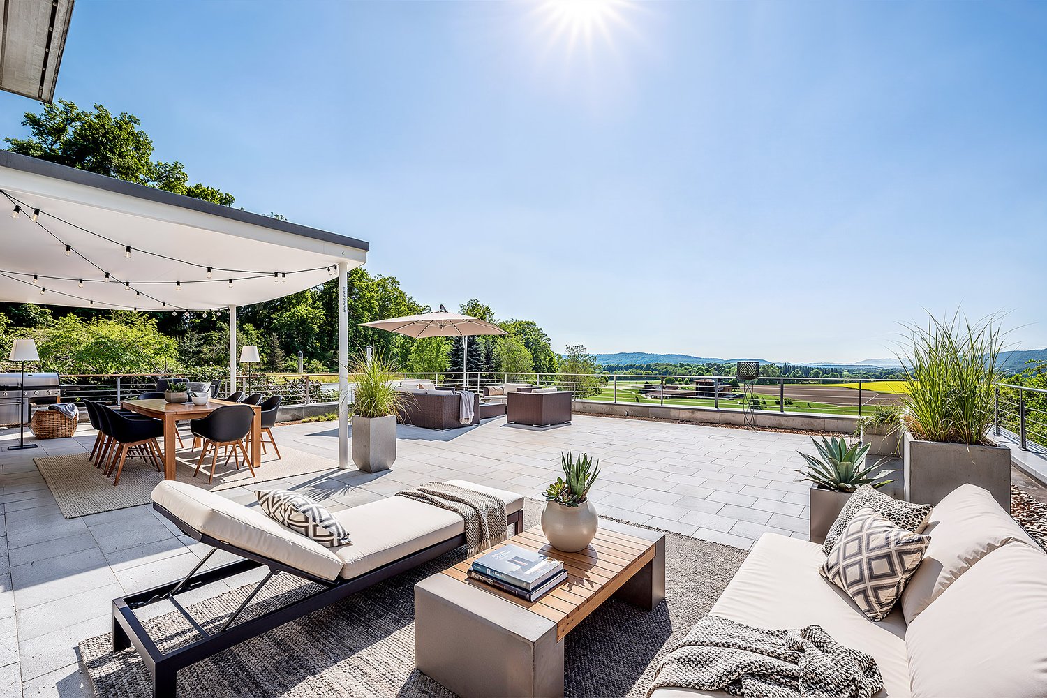 Outdoor terrace with a dining table, chairs, lounge chairs, a coffee table, a canopy, and potted plants.