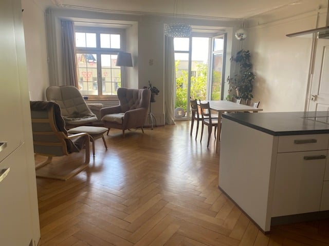 Open plan living and dining area with wooden floors, large windows, kitchen island with marble countertop, living room with armchairs, table with chairs, potted plants