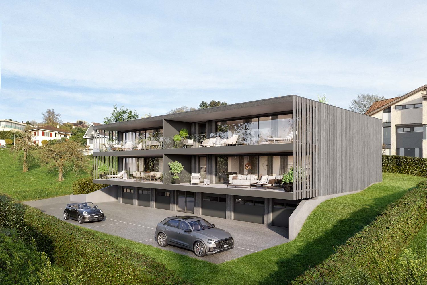 3-story modern apartment building with balconies, large windows, and a parking area in front