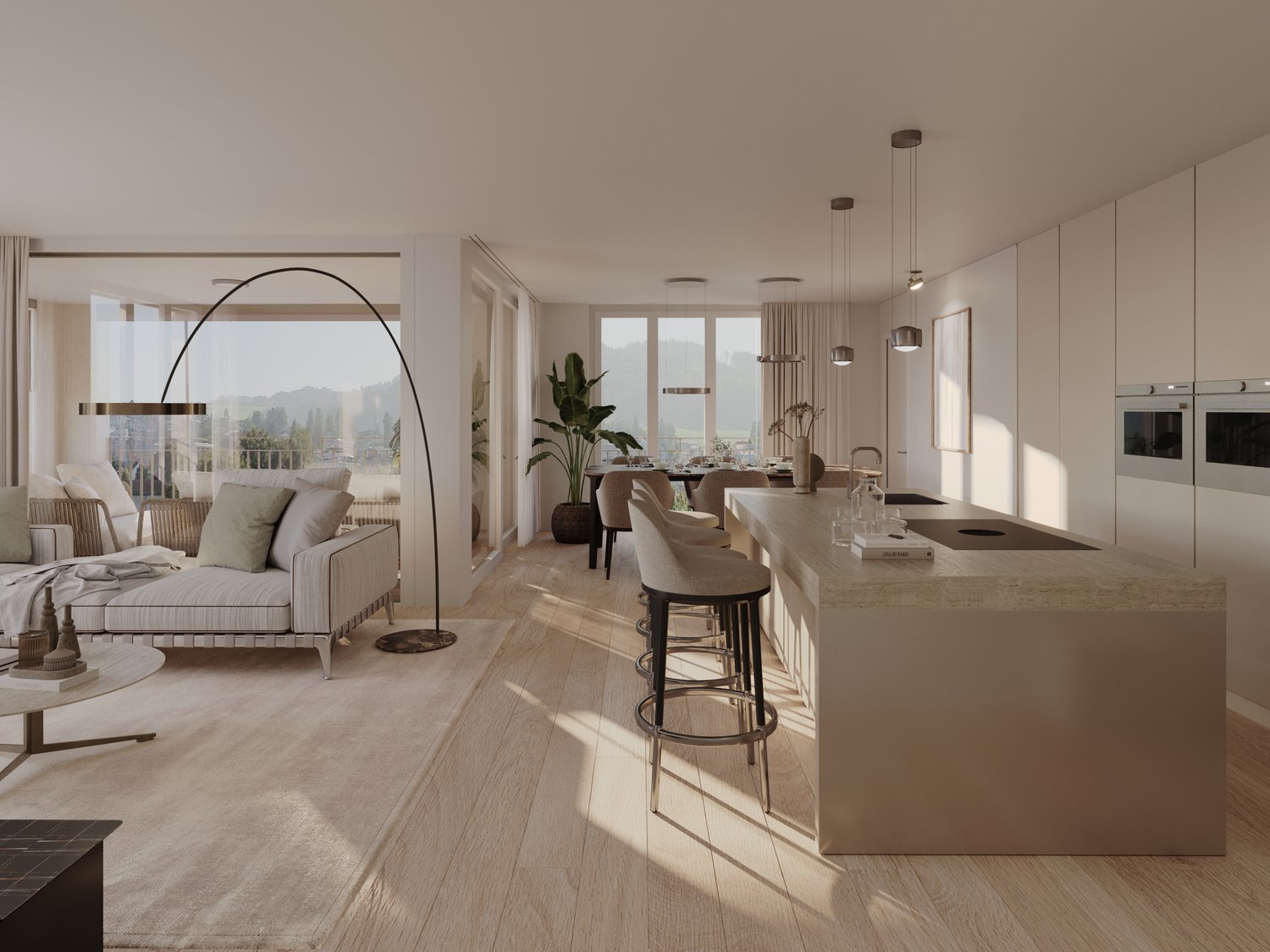 Contemporary open-plan living, dining, and kitchen area. Modern furnishings, neutral color palette, large windows.