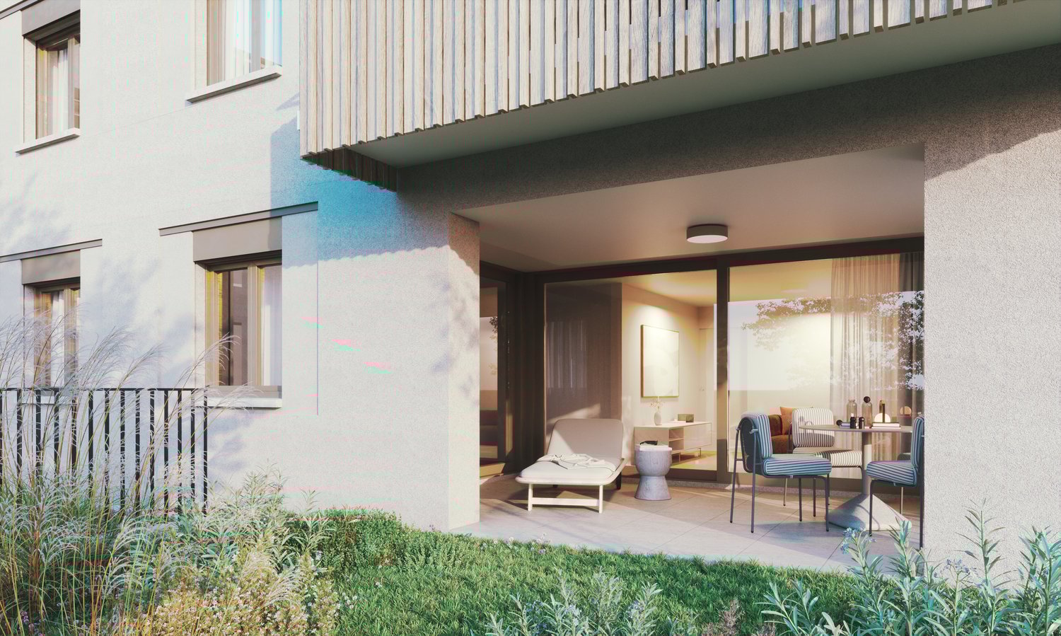 White building, wooden balcony railings, outdoor dining table and chairs, garden, open terrace with sliding glass doors