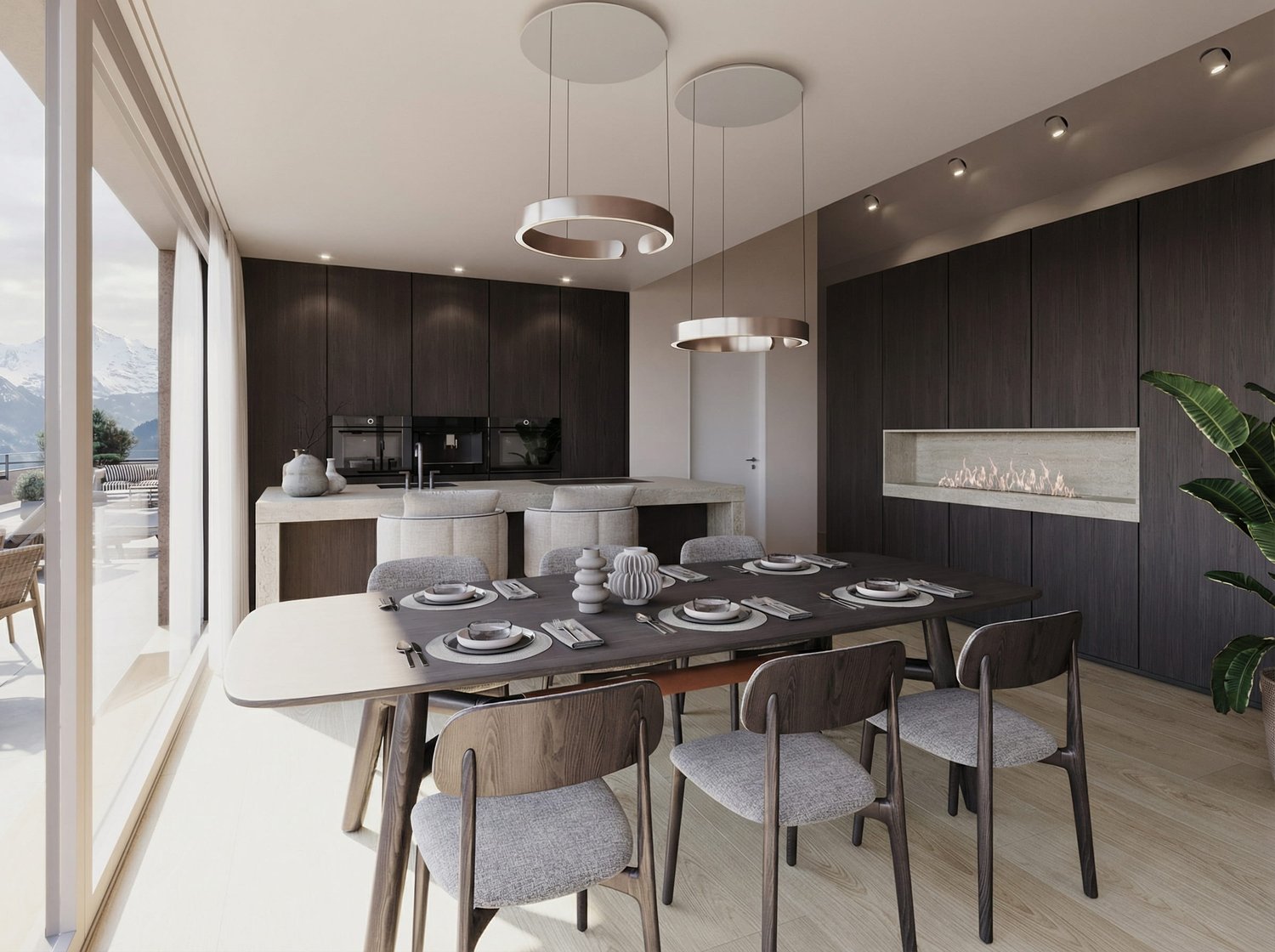 wooden floor, dining table with chairs, fireplace, large windows, modern kitchen with island