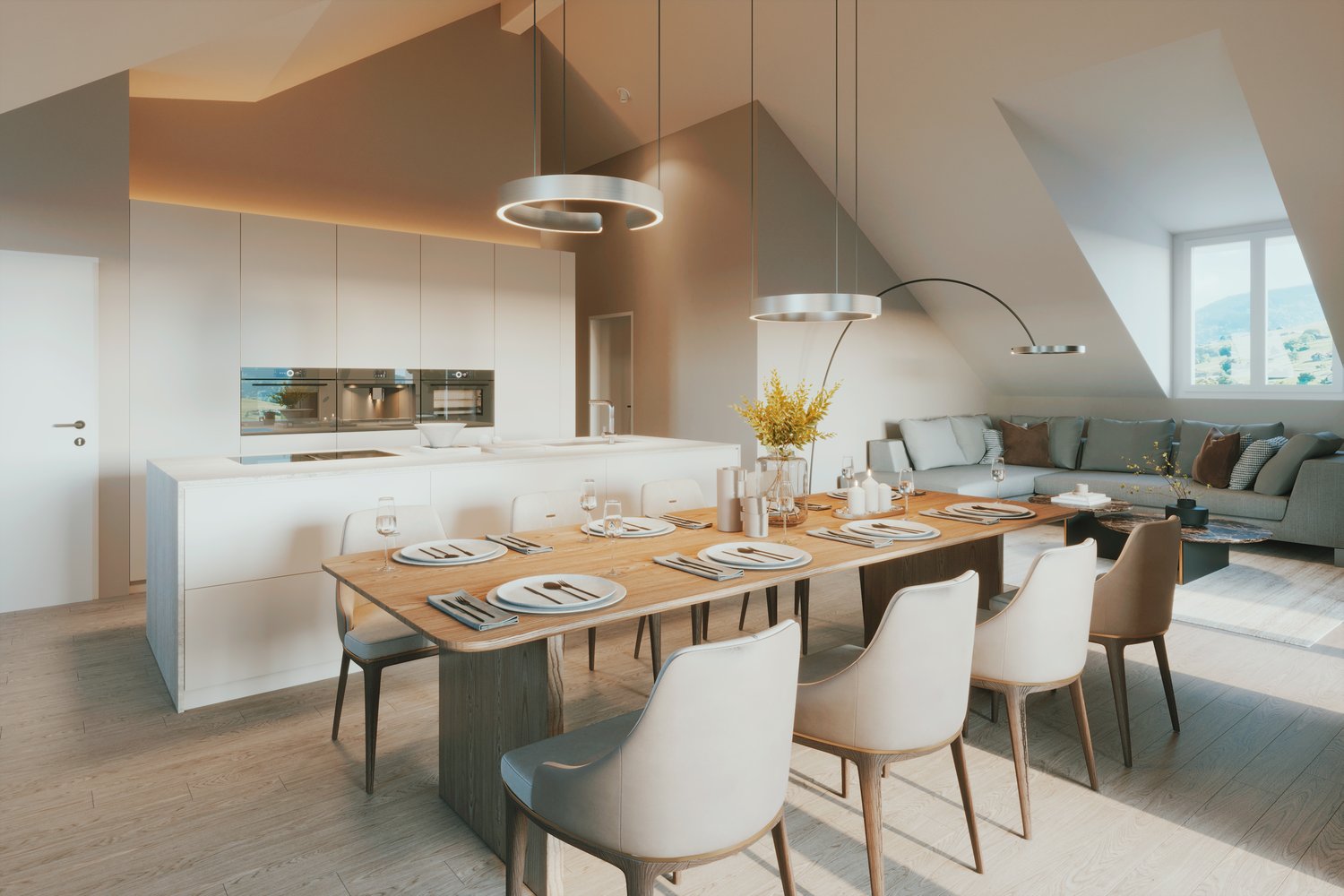 Dining room with a large wooden table, white chairs, a kitchen with modern appliances, and a living area with a couch and a window.