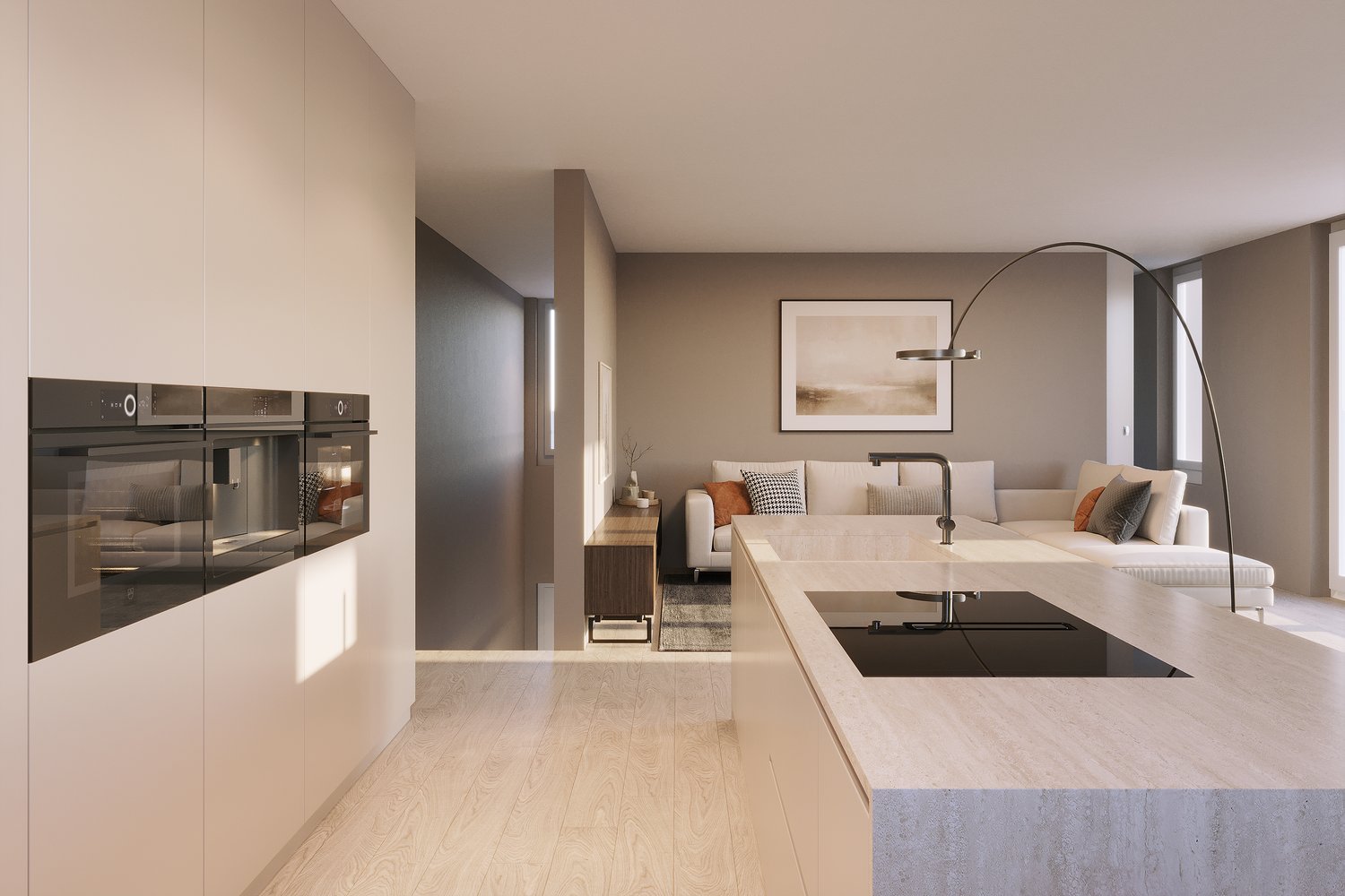 modern kitchen with island, double oven, modern faucet, living room with couch, coffee table, picture frame