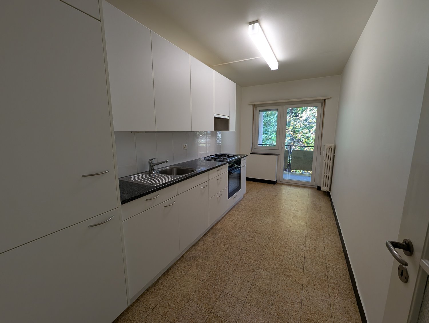 modern kitchen, white cabinets, black countertops, stainless steel sink, gas stove, oven, balcony