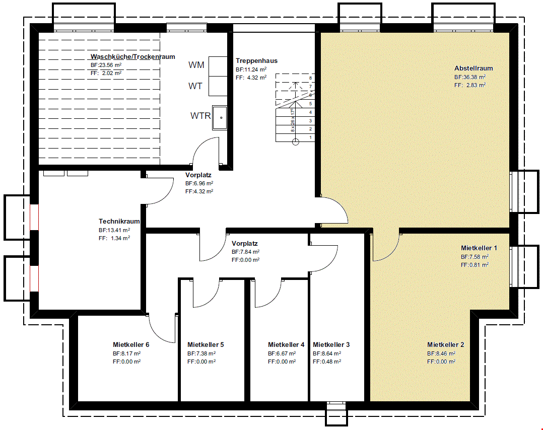 Floor plan with 6 rooms, including a laundry room, technical room, and multiple living areas.