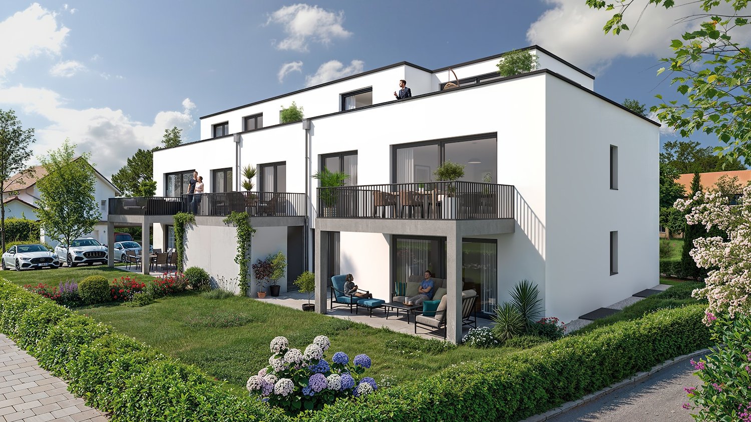 2 story white house, raised ground floor, garden, multiple terraces, views