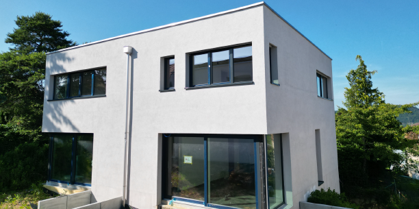 Modern 2-story house, white exterior, large windows, glass doors, trees in the background