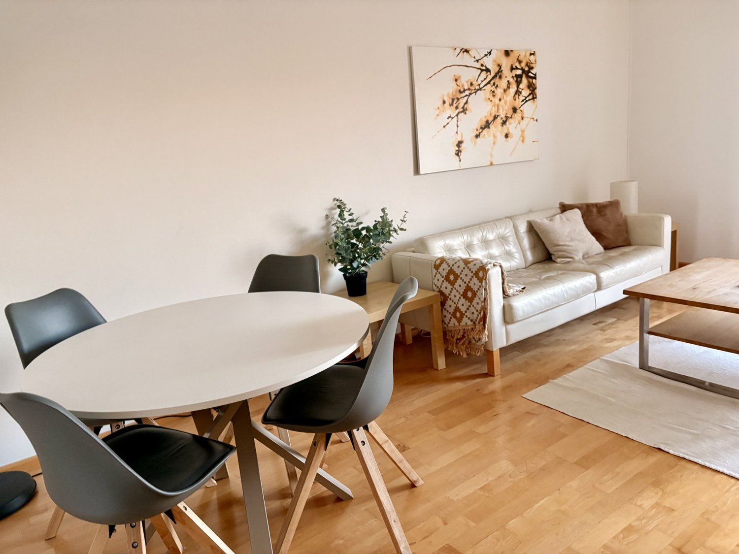 living room with sofa, round dining table, dining chairs, round coffee table, potted plant, wooden flooring, framed art on wall