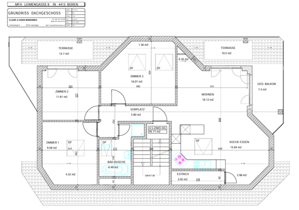 4.5-Dachwohnung, 2 Terrassen, ca. 32 m² Aussenfläche, schöner Aussicht und garagenbox 13