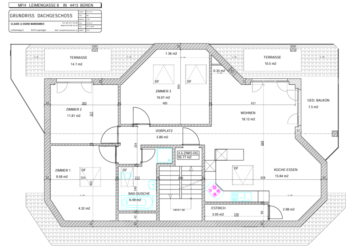 4.5-Dachwohnung, 2 Terrassen, ca. 32 m² Aussenfläche, schöner Aussicht und garagenbox