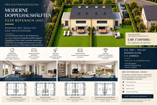 Projektankündigung: Modernes 5.5-Zimmer-Doppeleinfamilienhaus in Rüfenach AG – Neubau 2027