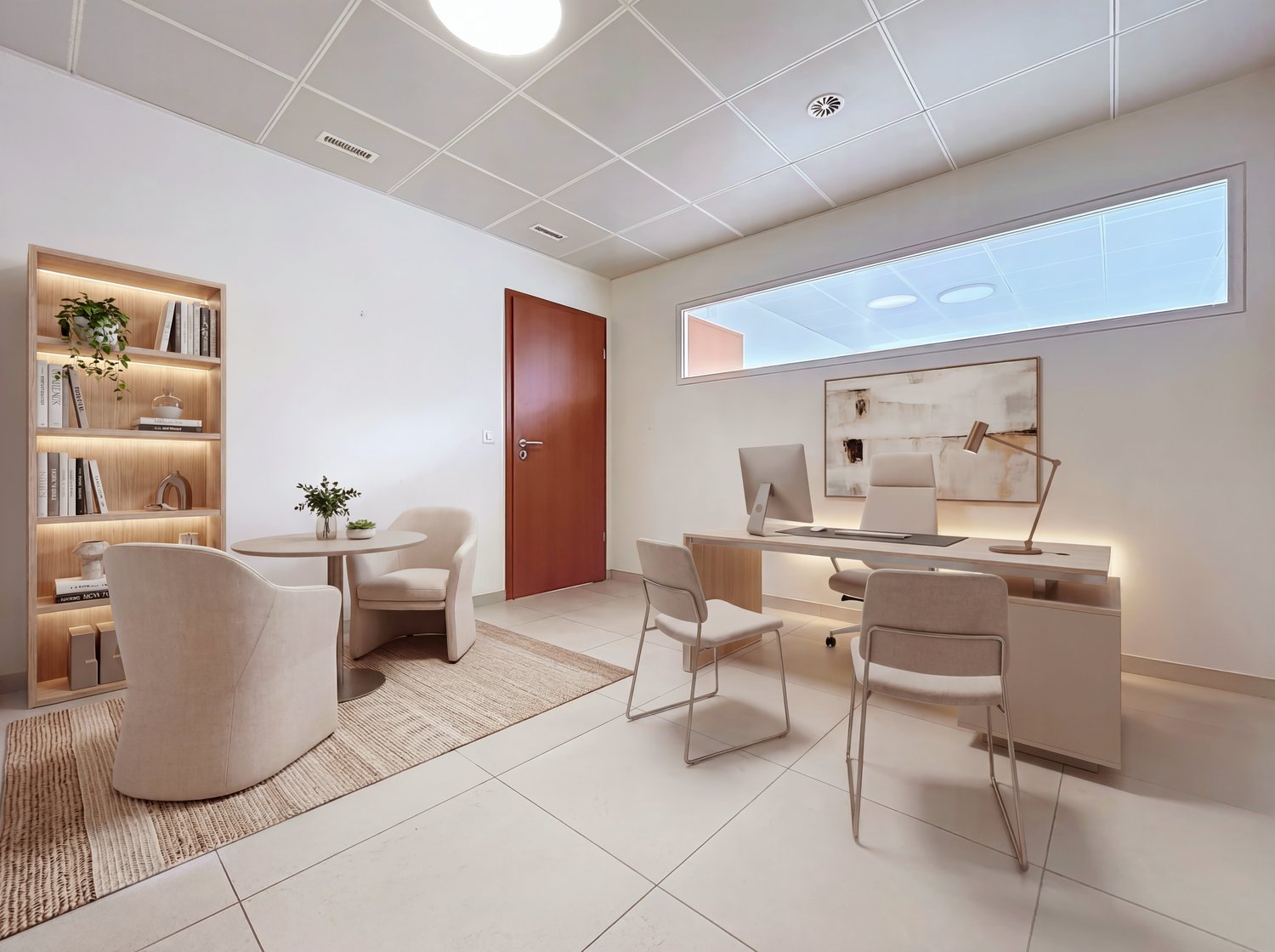 modern office with white walls, white tile flooring, wooden desk, white chairs, wooden bookshelf, plants, monitor, lamp, rug