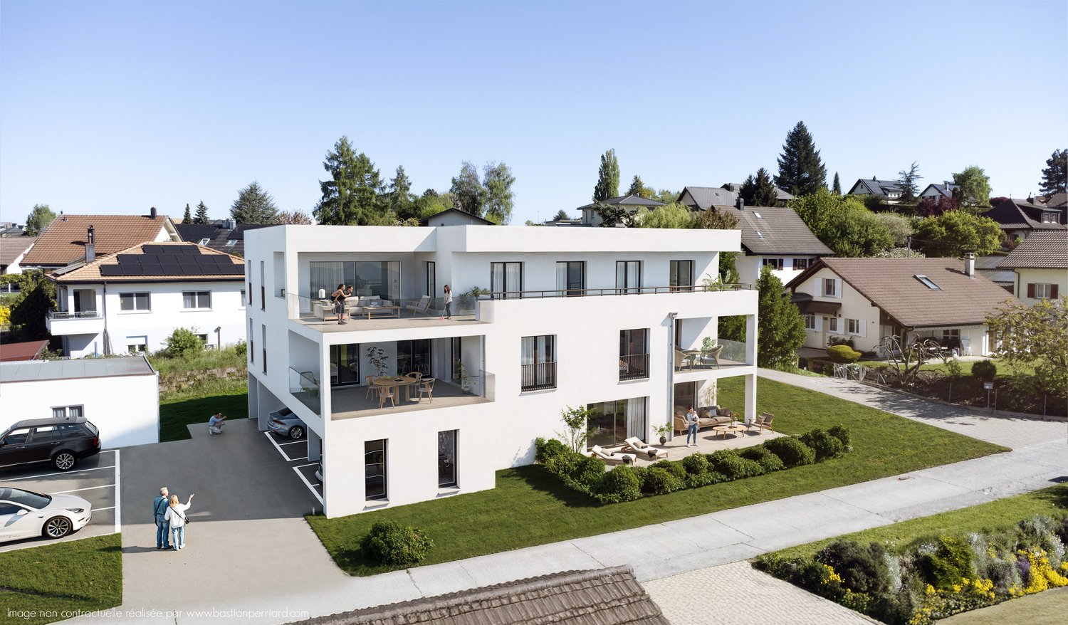 3 story house, white, several balconies, driveway, solar panels on roof, cars parked
